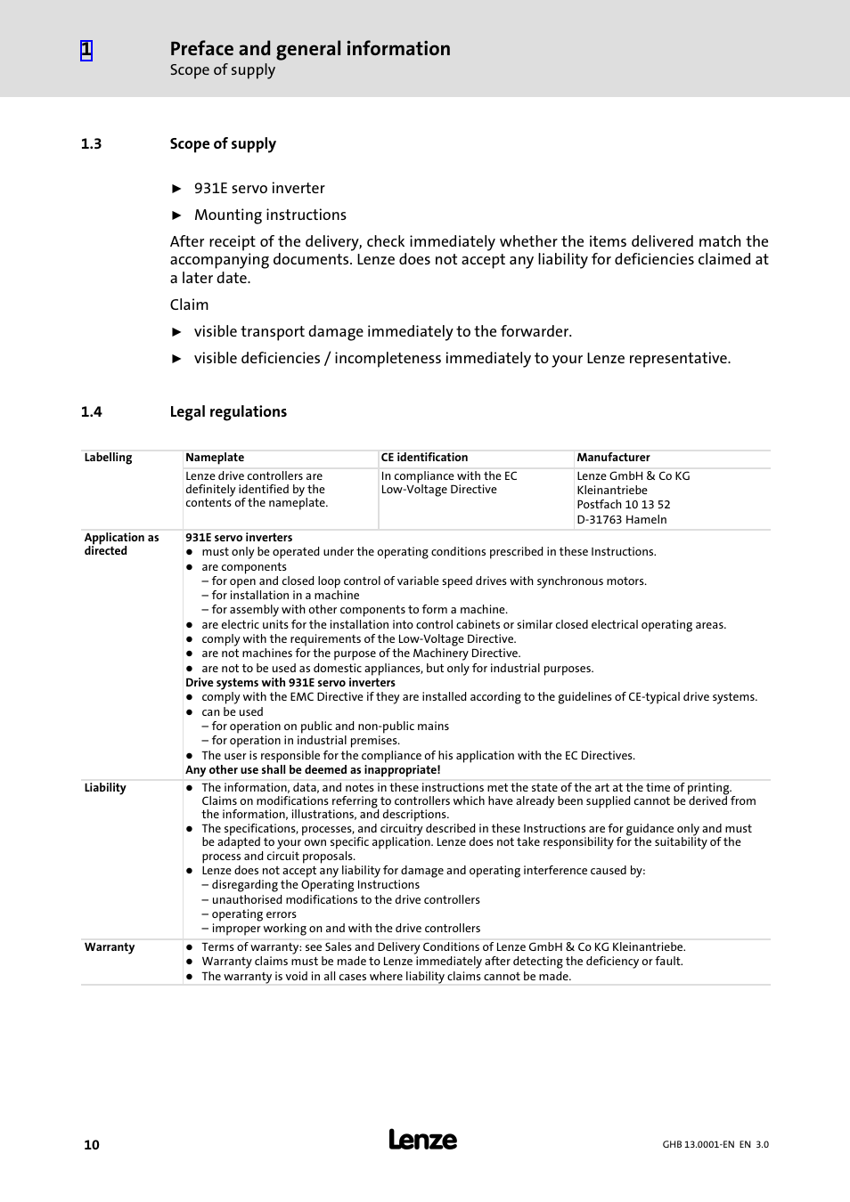 3 scope of supply, 4 legal regulations, Scope of supply | Legal regulations, Preface and general information | Lenze E931Ex User Manual | Page 10 / 47