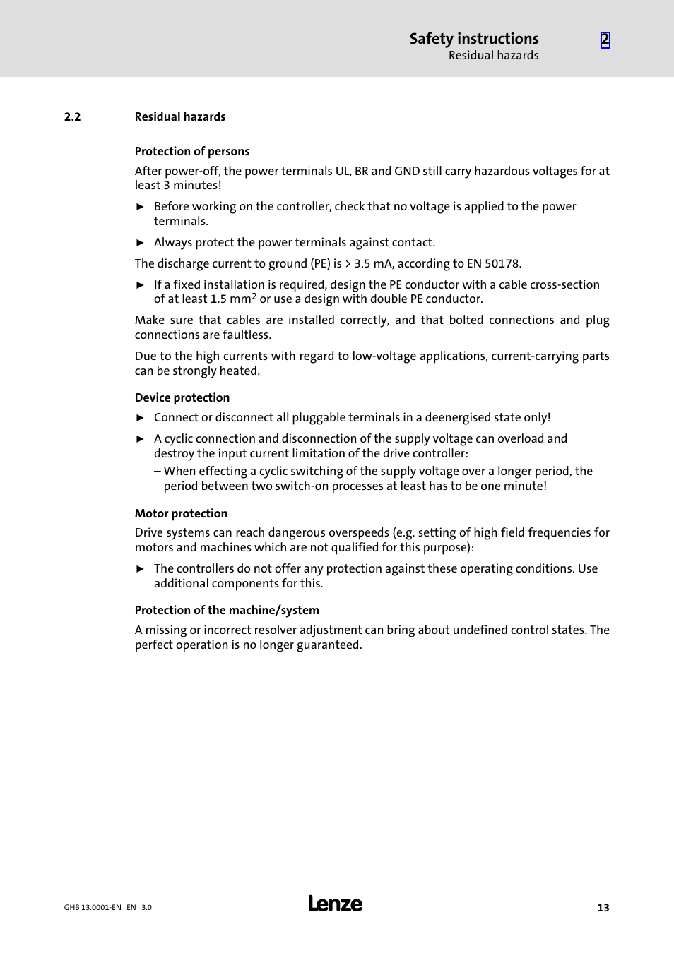 2 residual hazards, Residual hazards, Safety instructions | Lenze E931Ex User Manual | Page 13 / 47