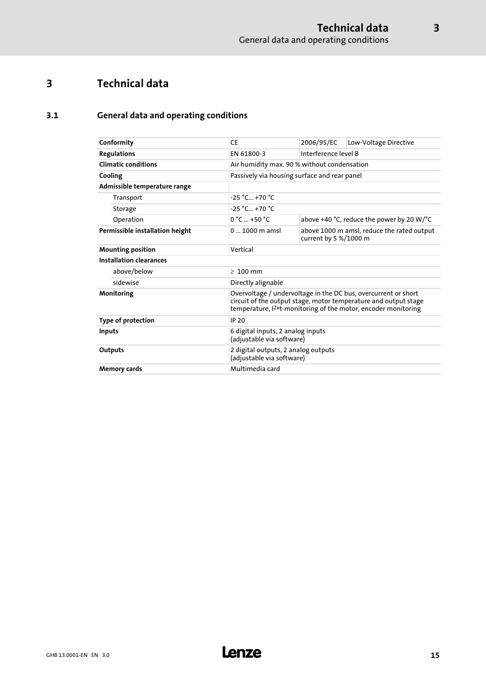 3 technical data, 1 general data and operating conditions, Technical data | General data and operating conditions, 3technical data | Lenze E931Ex User Manual | Page 15 / 47