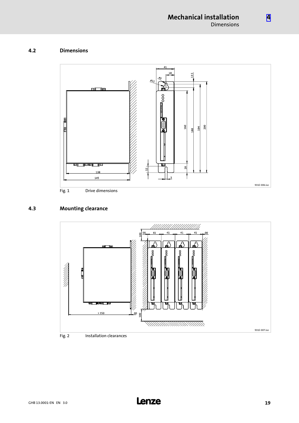 2 dimensions, 3 mounting clearance, Dimensions | Mounting clearance, Mechanical installation | Lenze E931Ex User Manual | Page 19 / 47