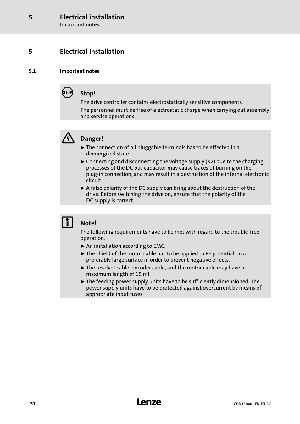 5 electrical installation, 1 important notes, Electrical installation | Important notes | Lenze E931Ex User Manual | Page 20 / 47