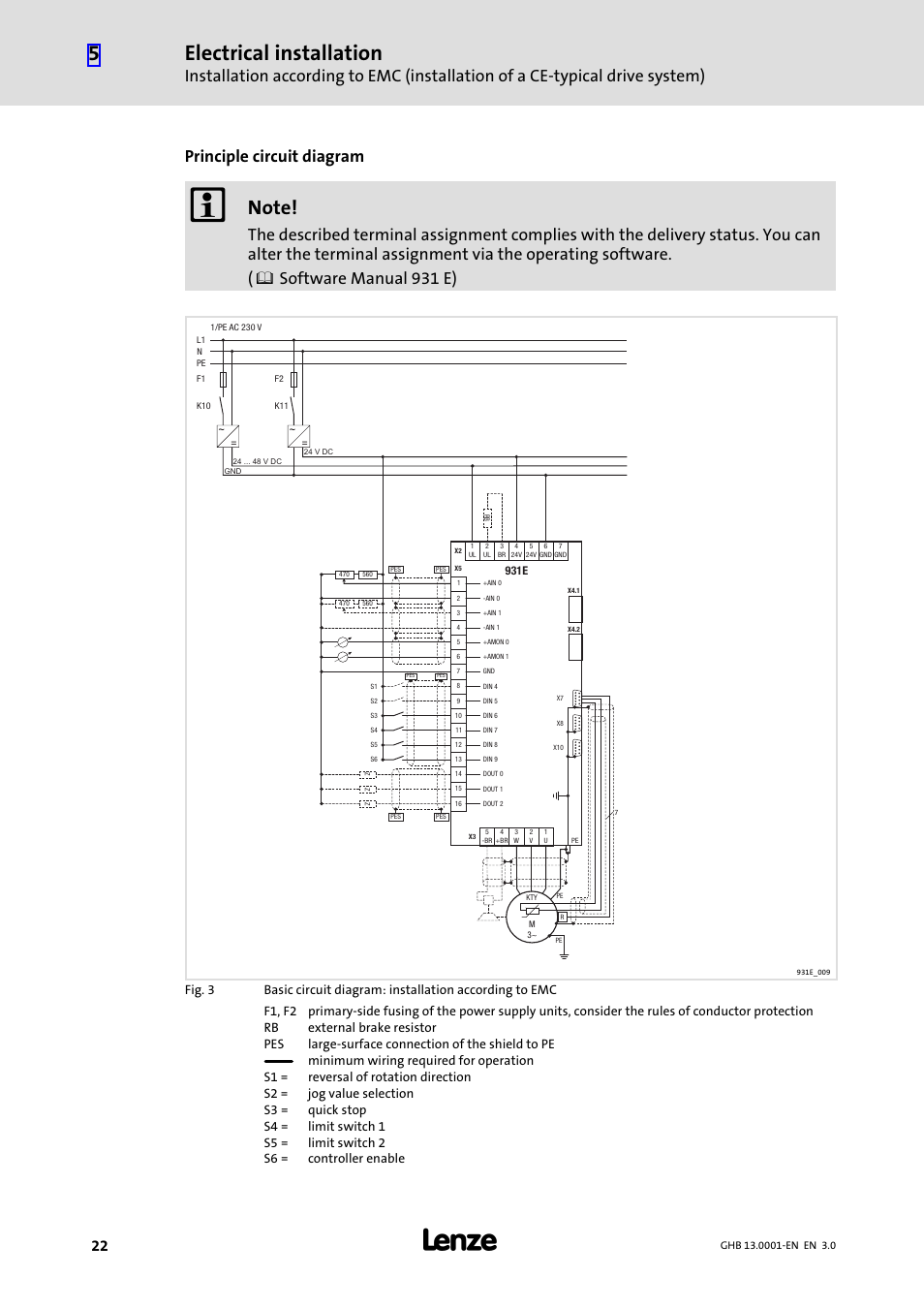 Electrical installation, Principle circuit diagram | Lenze E931Ex User Manual | Page 22 / 47