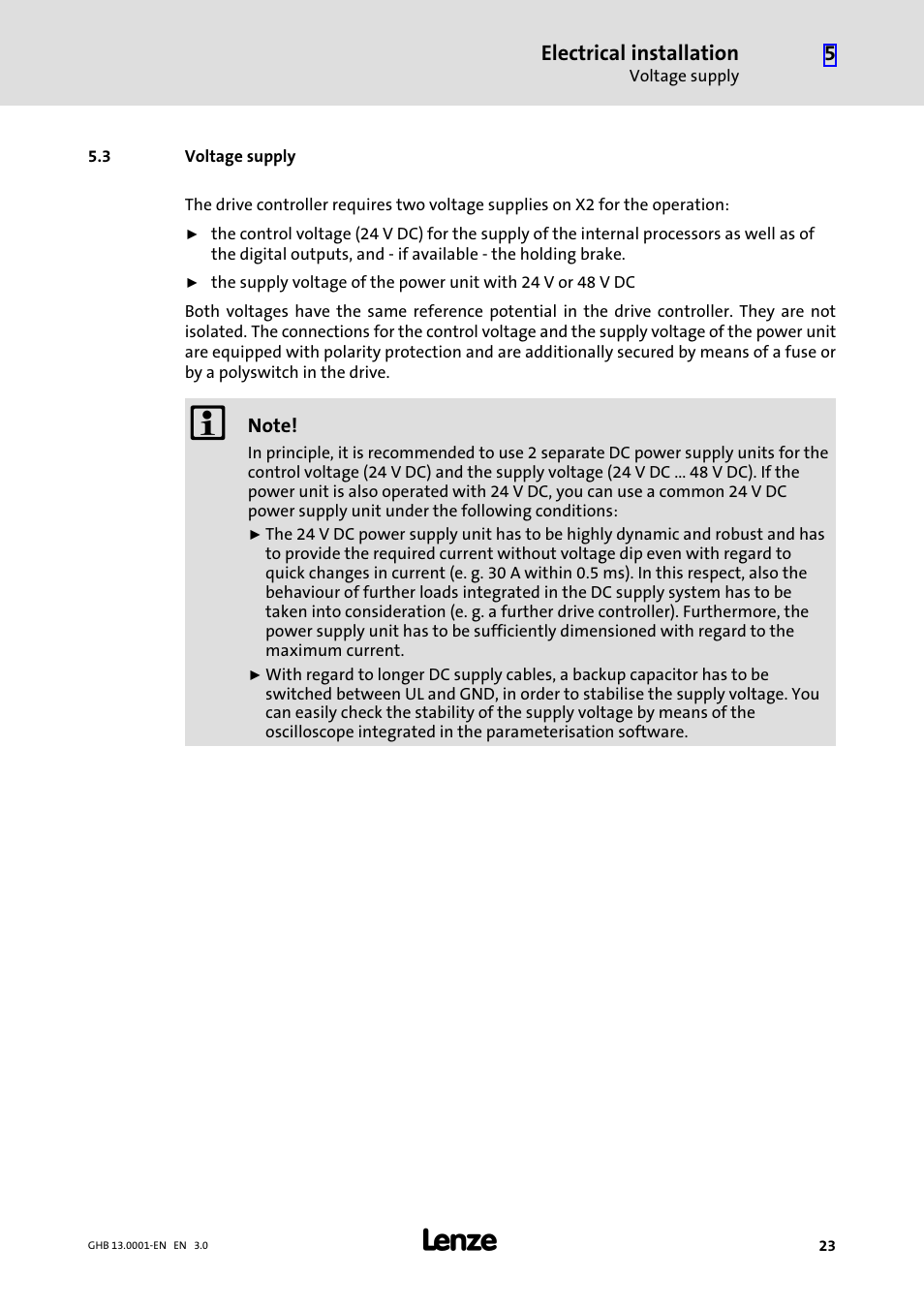 3 voltage supply, Voltage supply, Electrical installation | Lenze E931Ex User Manual | Page 23 / 47