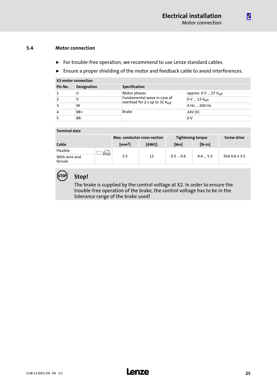 4 motor connection, Motor connection, Electrical installation | Stop | Lenze E931Ex User Manual | Page 25 / 47