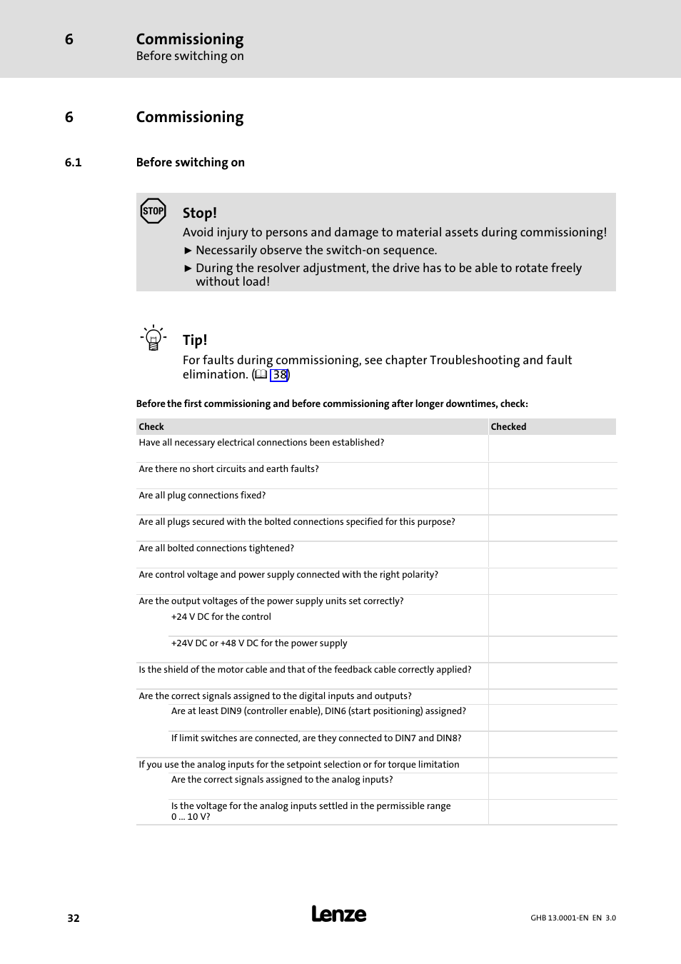 6 commissioning, 1 before switching on, Commissioning | Before switching on, 6commissioning | Lenze E931Ex User Manual | Page 32 / 47