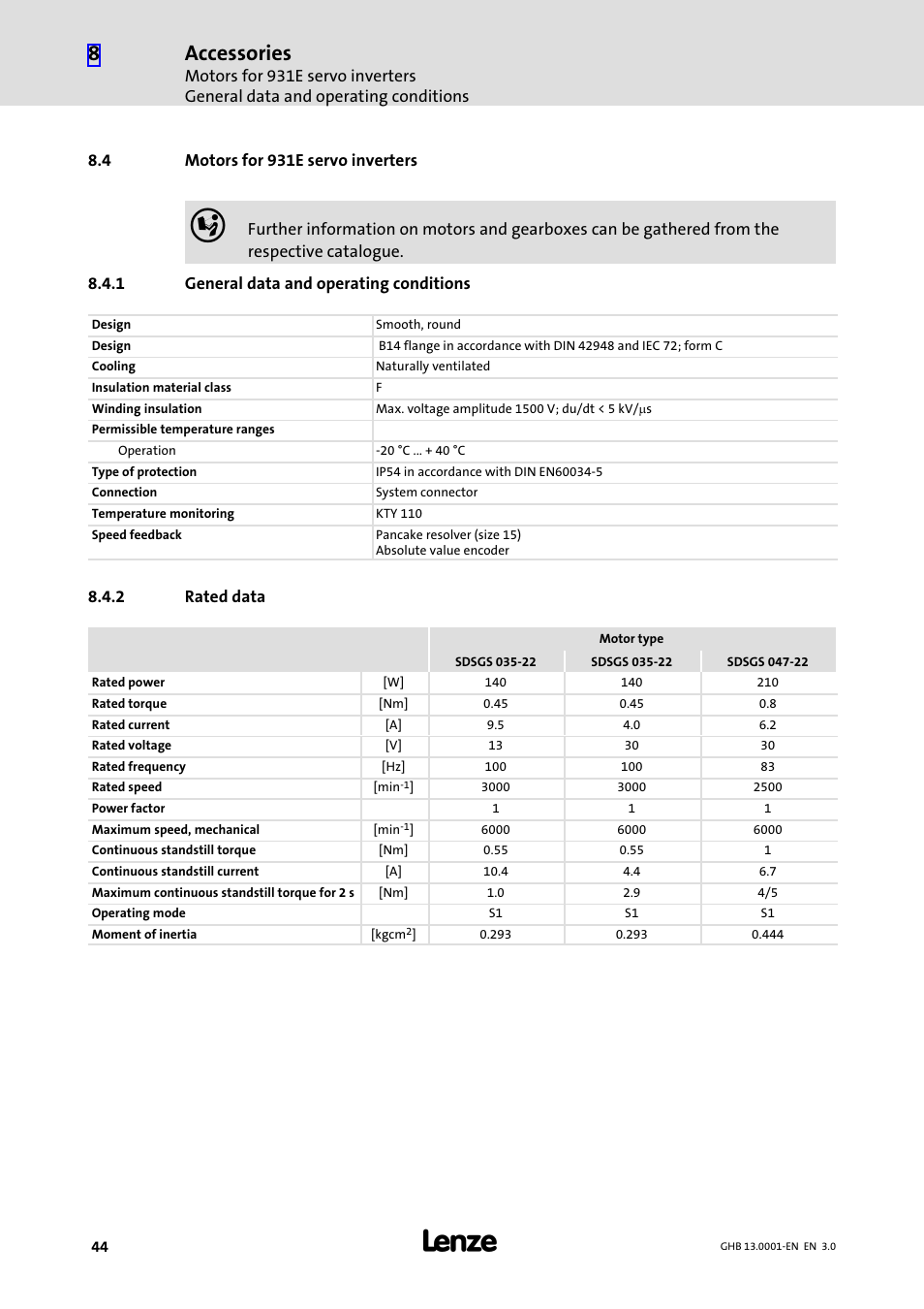 4 motors for 931e servo inverters, 1 general data and operating conditions, 2 rated data | Motors for 931e servo inverters, General data and operating conditions, Rated data, Accessories | Lenze E931Ex User Manual | Page 44 / 47