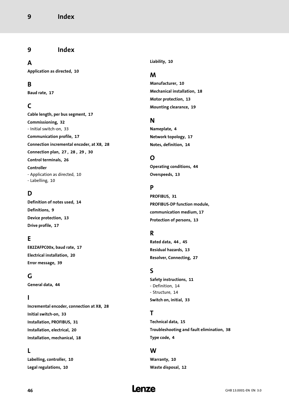9 index, Index, Index 9 | 9index a | Lenze E931Ex User Manual | Page 46 / 47