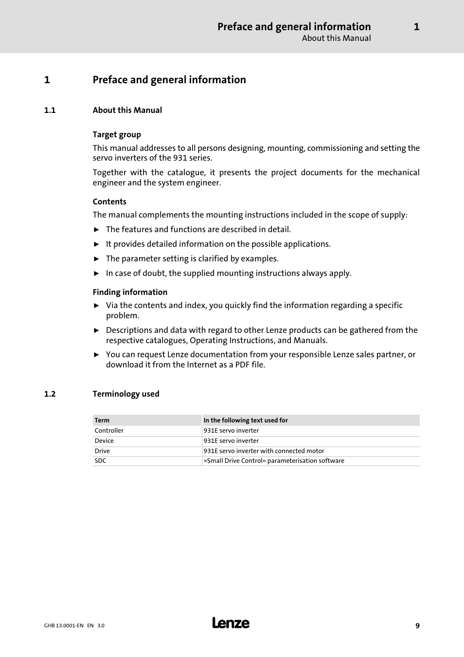 1 preface and general information, 1 about this manual, 2 terminology used | Preface and general information, About this manual, Terminology used, 1preface and general information | Lenze E931Ex User Manual | Page 9 / 47