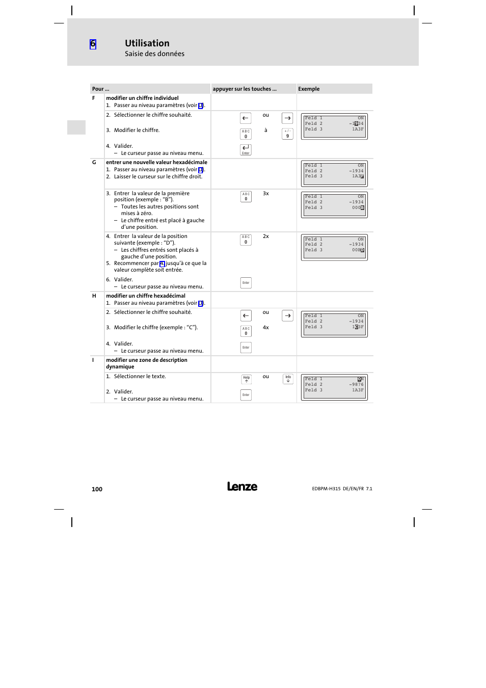 Utilisation, Saisie des données | Lenze EPM−H315 User Manual | Page 100 / 108