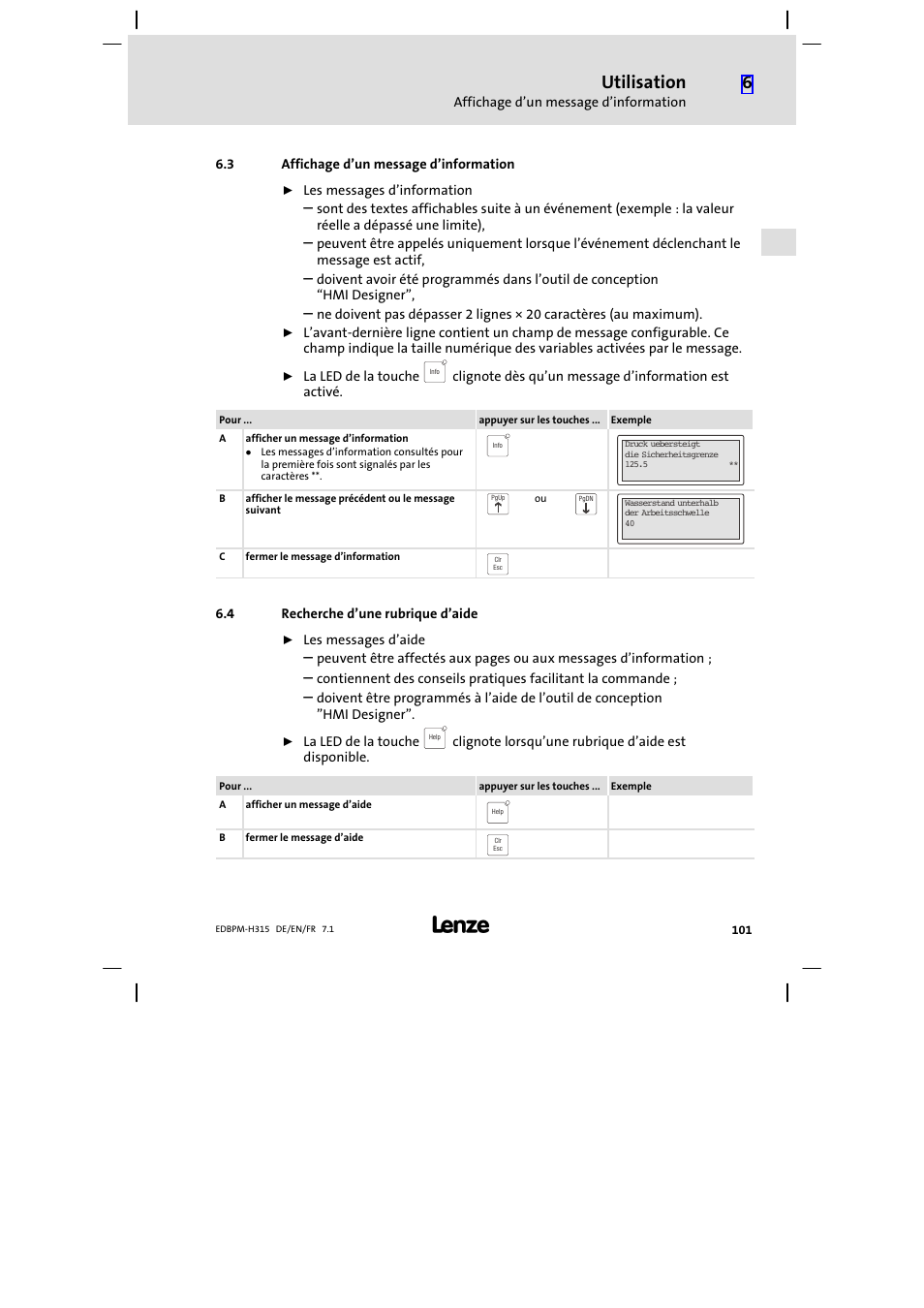 Affichage d'un message d'information, Recherche d'une rubrique d'aide, Affichage d’un message d’information | Recherche d’une rubrique d’aide, Utilisation | Lenze EPM−H315 User Manual | Page 101 / 108