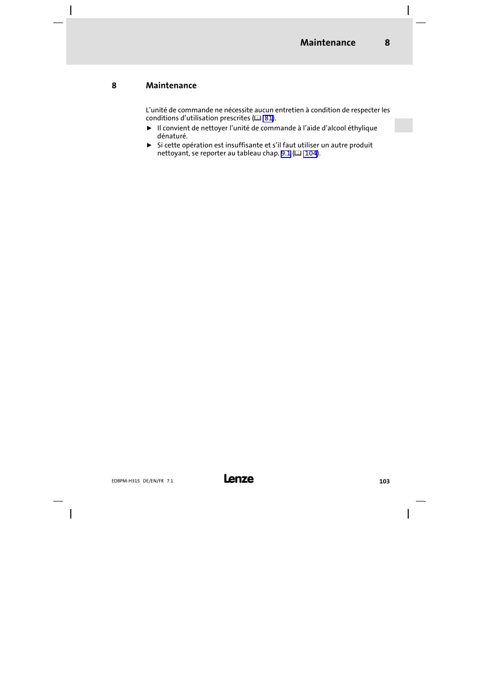 Maintenance | Lenze EPM−H315 User Manual | Page 103 / 108