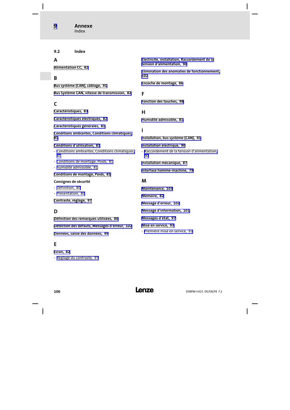 Index, Annexe | Lenze EPM−H315 User Manual | Page 106 / 108
