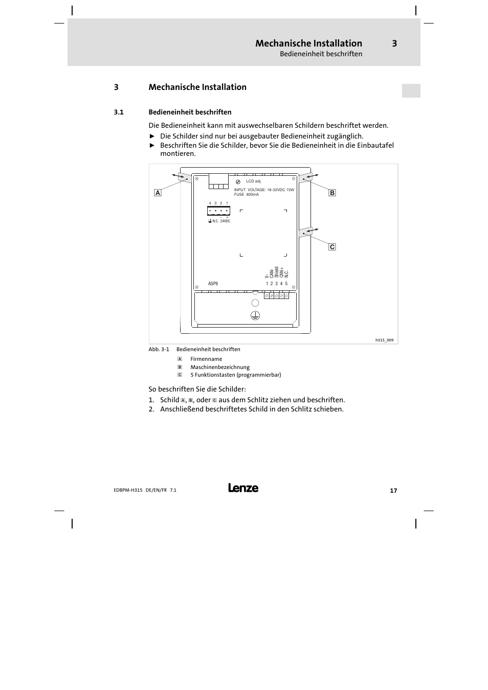 Mechanische installation, Bedieneinheit beschriften, 3mechanische installation | Lenze EPM−H315 User Manual | Page 17 / 108