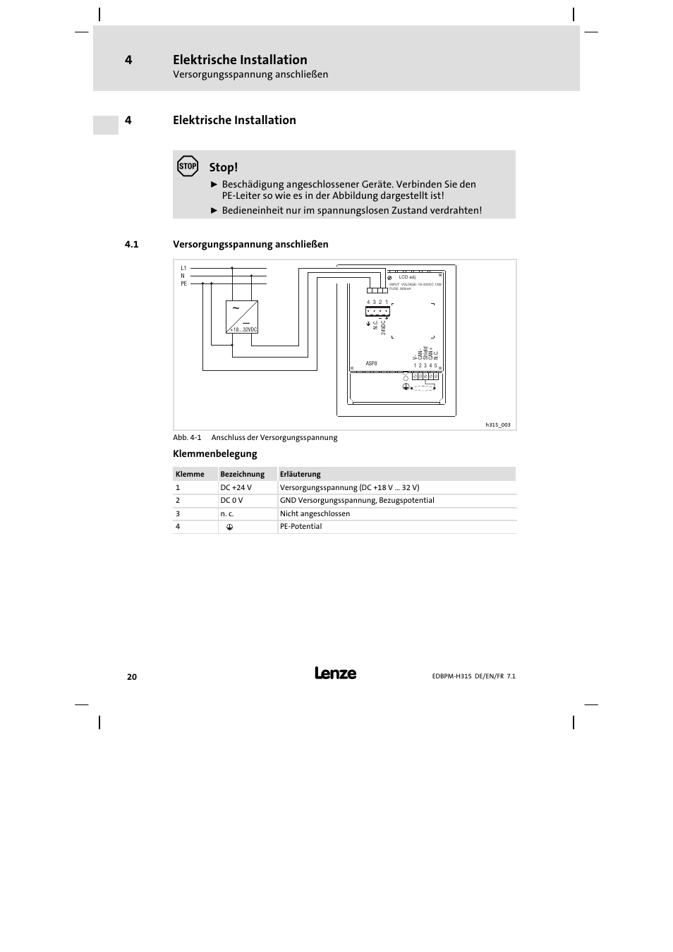 Elektrische installation, Versorgungsspannung anschließen, 4elektrische installation | Stop | Lenze EPM−H315 User Manual | Page 20 / 108