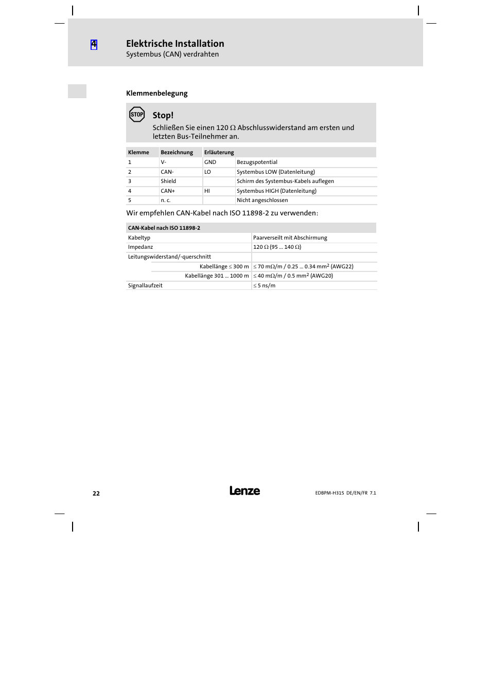 Elektrische installation, Stop | Lenze EPM−H315 User Manual | Page 22 / 108