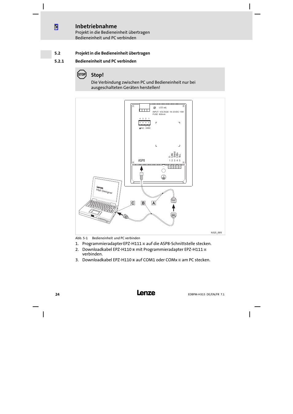 Projekt in die bedieneinheit übertragen, Bedieneinheit und pc verbinden, Inbetriebnahme | Stop | Lenze EPM−H315 User Manual | Page 24 / 108