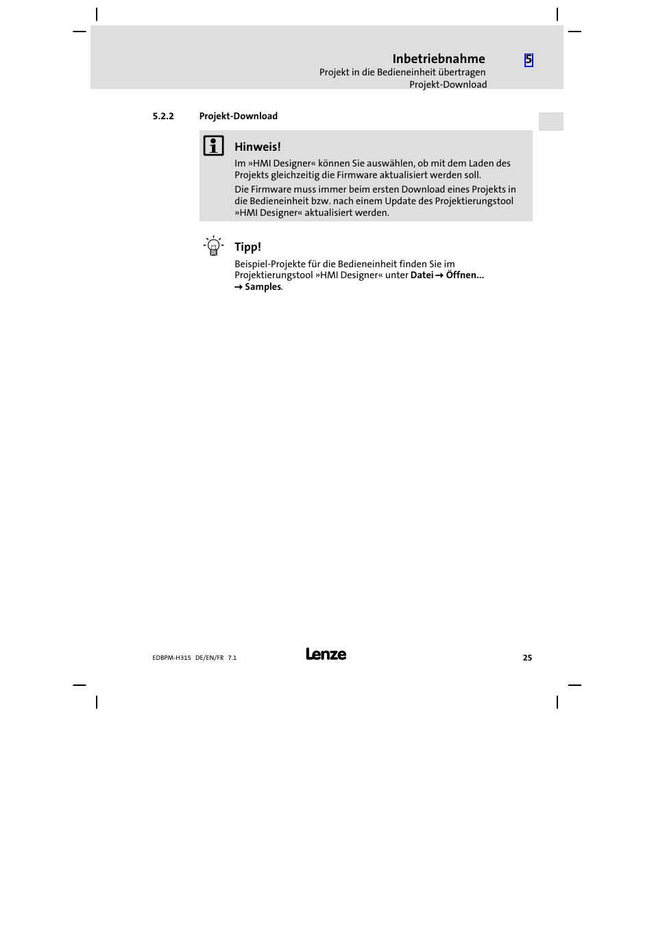 Projekt-download, Projekt−download | Lenze EPM−H315 User Manual | Page 25 / 108