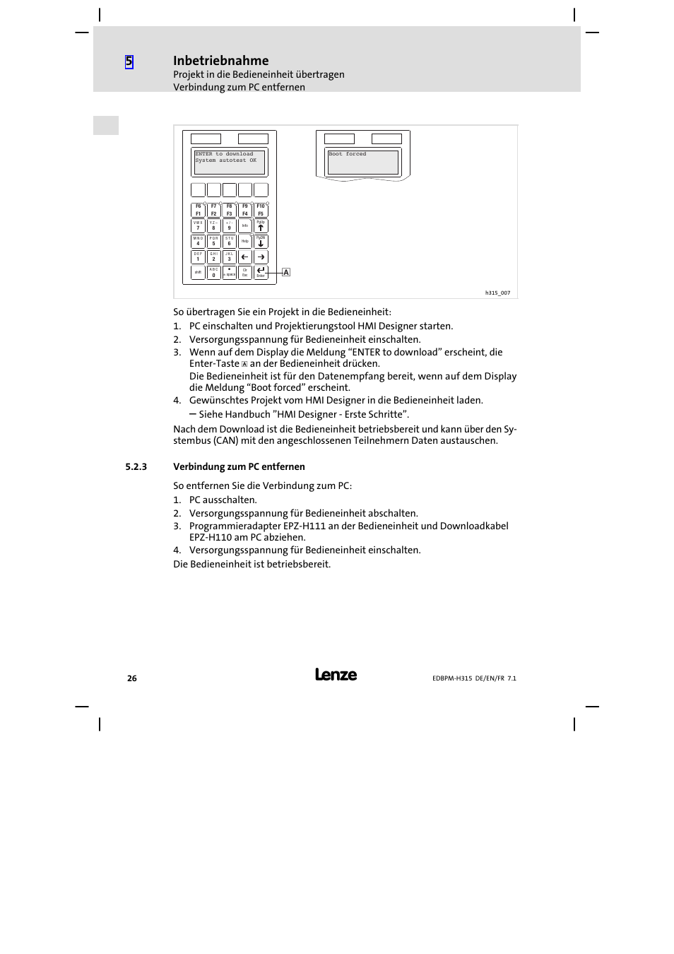 Verbindung zum pc entfernen, Inbetriebnahme | Lenze EPM−H315 User Manual | Page 26 / 108