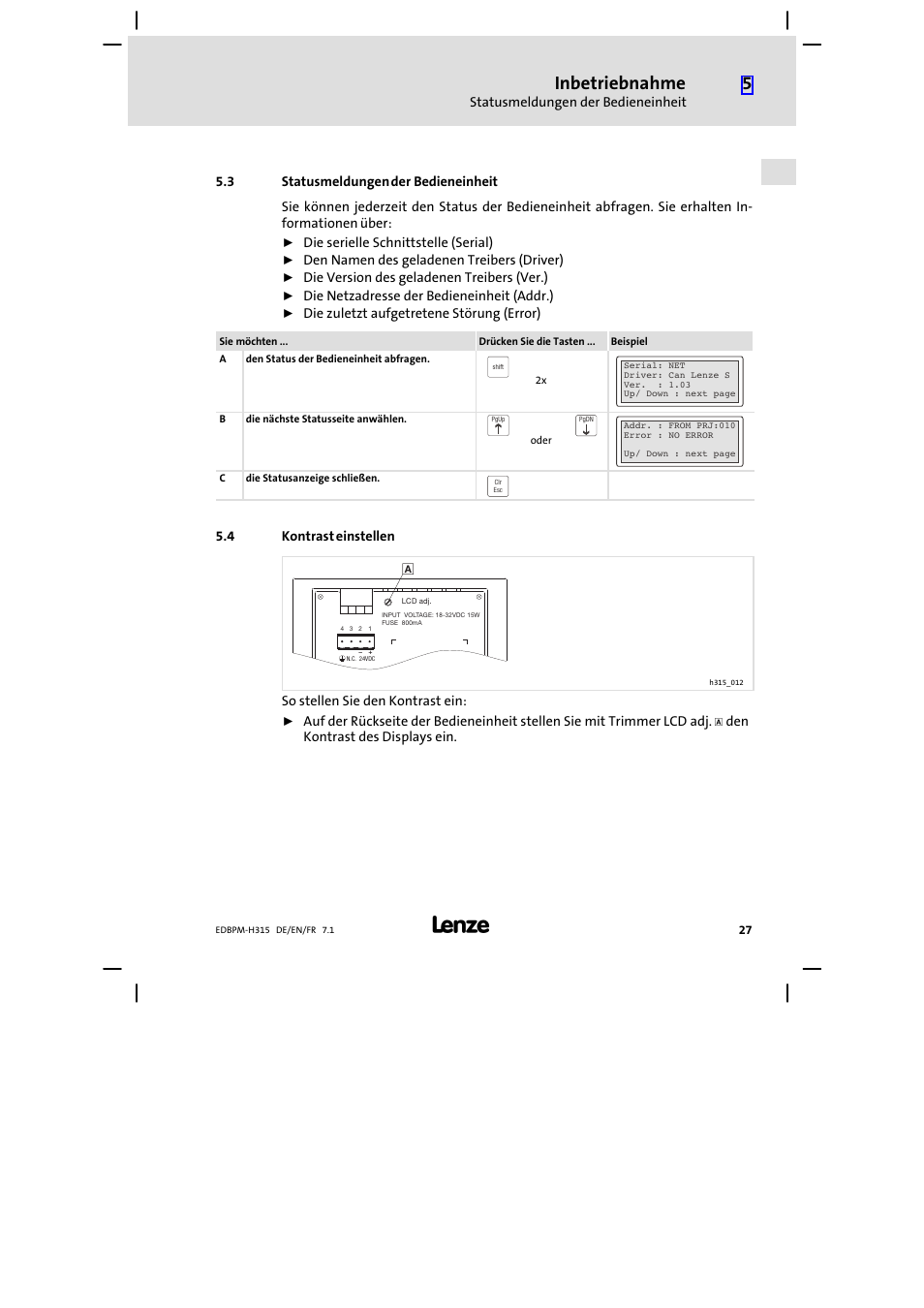 Statusmeldungen der bedieneinheit, Kontrast einstellen, Inbetriebnahme | Lenze EPM−H315 User Manual | Page 27 / 108