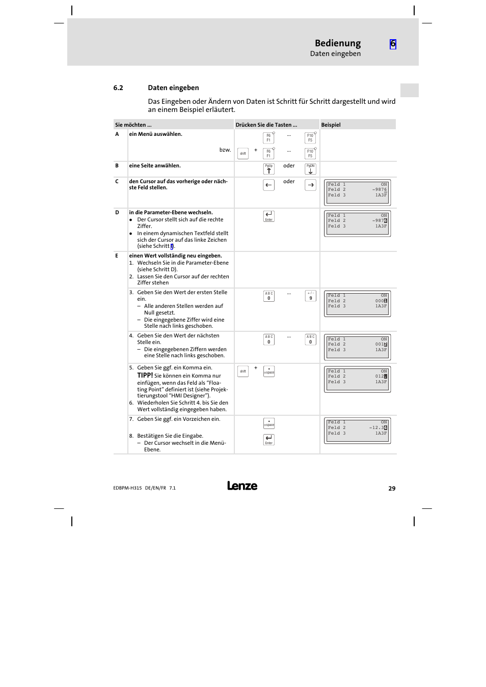 Daten eingeben, Bedienung, Tipp | Lenze EPM−H315 User Manual | Page 29 / 108