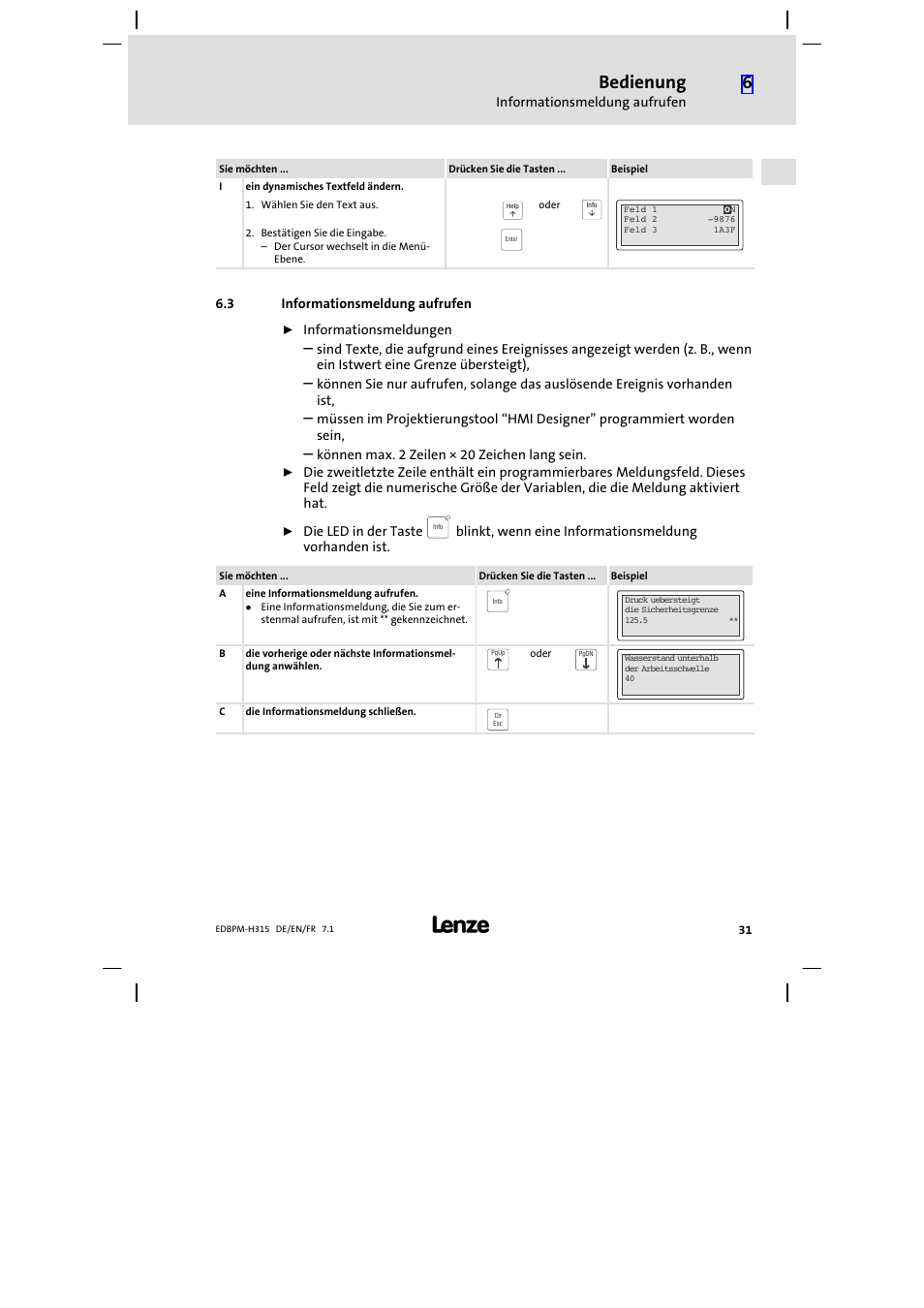 Informationsmeldung aufrufen, Bedienung | Lenze EPM−H315 User Manual | Page 31 / 108