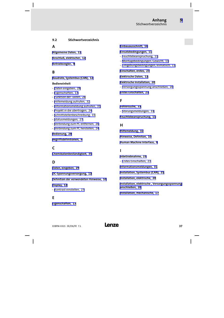 Stichwortverzeichnis, Anhang | Lenze EPM−H315 User Manual | Page 37 / 108