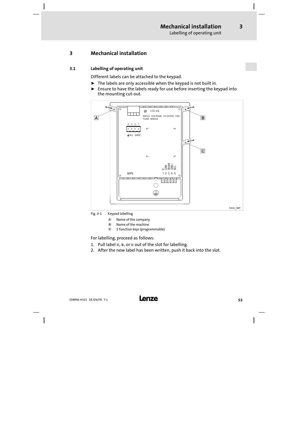 Mechanical installation, Labelling of operating unit, 3mechanical installation | Lenze EPM−H315 User Manual | Page 53 / 108