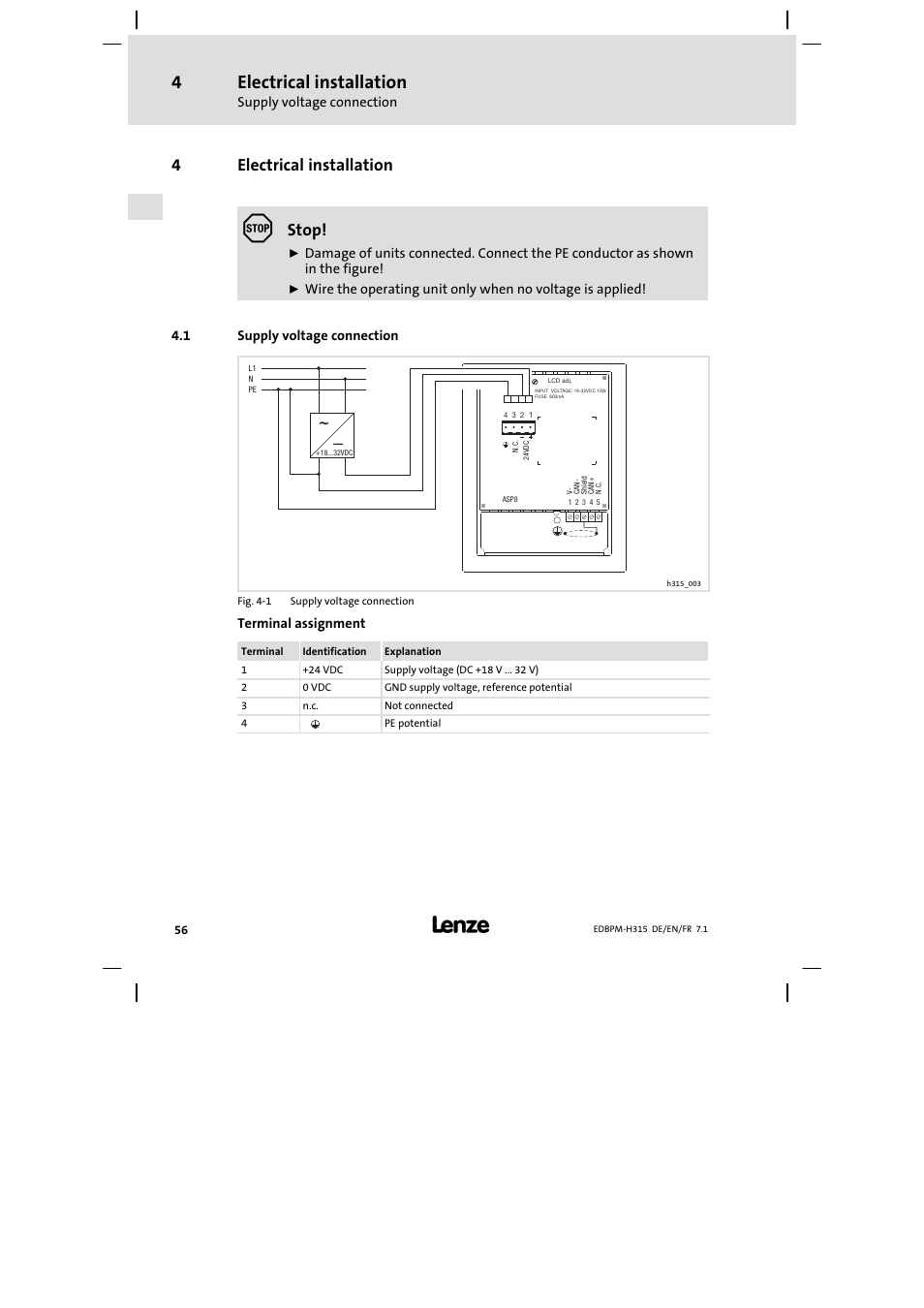 Electrical installation, Supply voltage connection, 4electrical installation | Stop | Lenze EPM−H315 User Manual | Page 56 / 108
