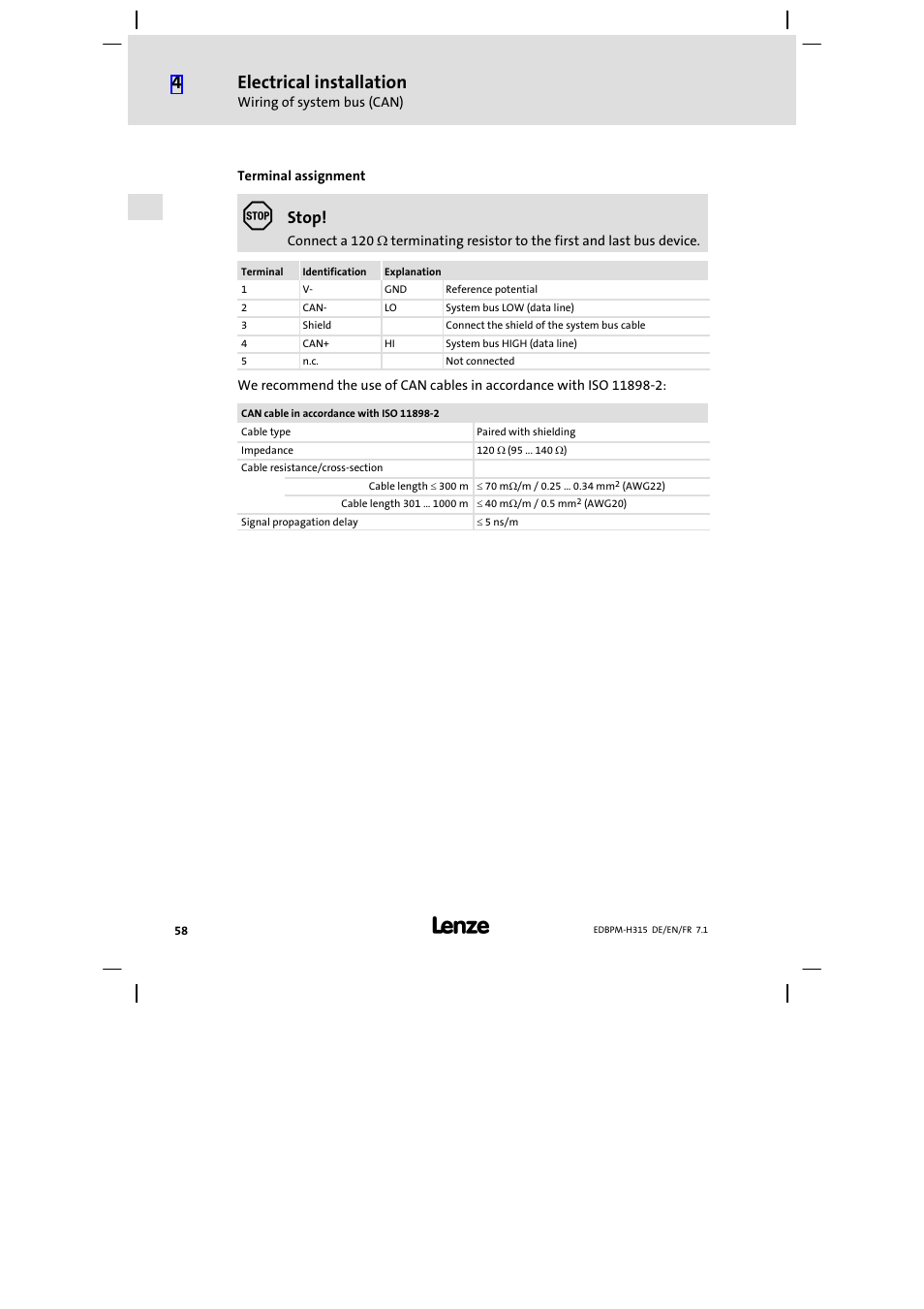 Electrical installation, Stop | Lenze EPM−H315 User Manual | Page 58 / 108