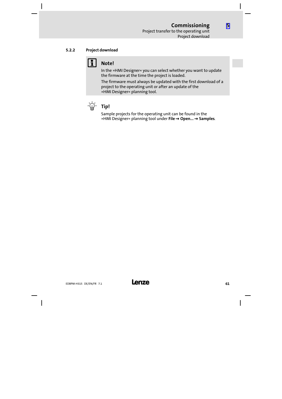 Project download | Lenze EPM−H315 User Manual | Page 61 / 108