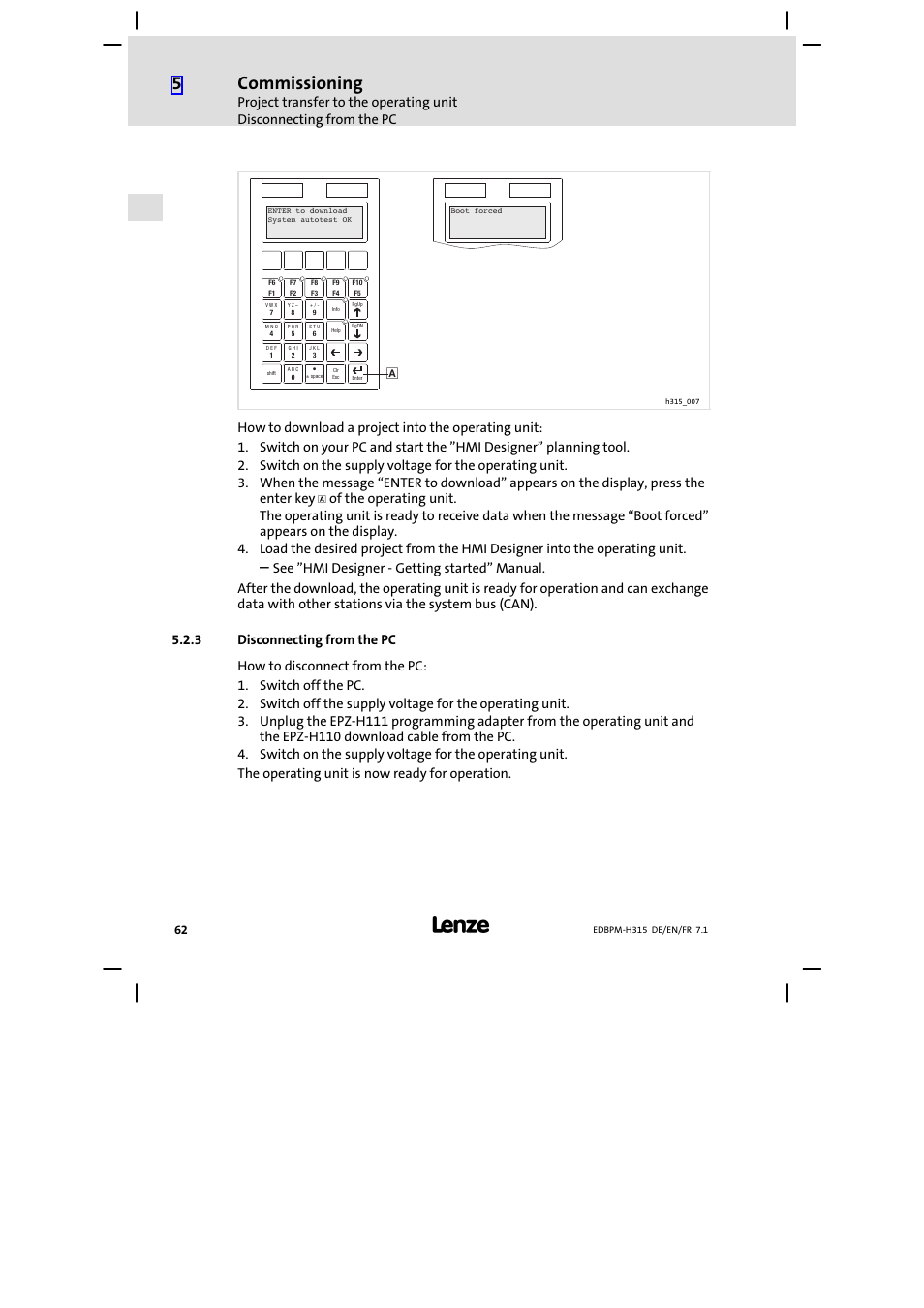 Disconnecting from the pc, Commissioning | Lenze EPM−H315 User Manual | Page 62 / 108