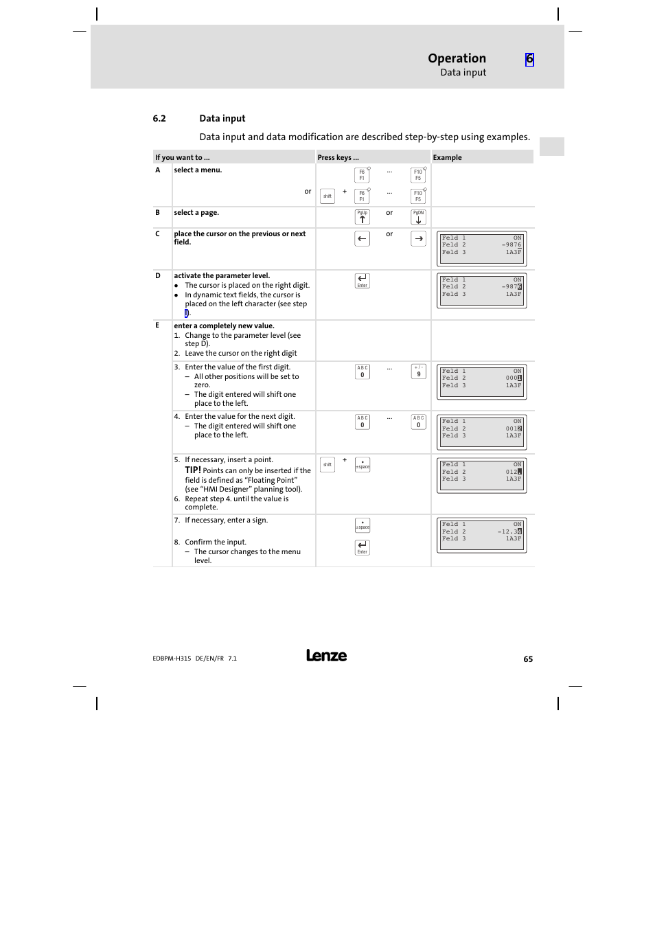 Data input, Operation | Lenze EPM−H315 User Manual | Page 65 / 108
