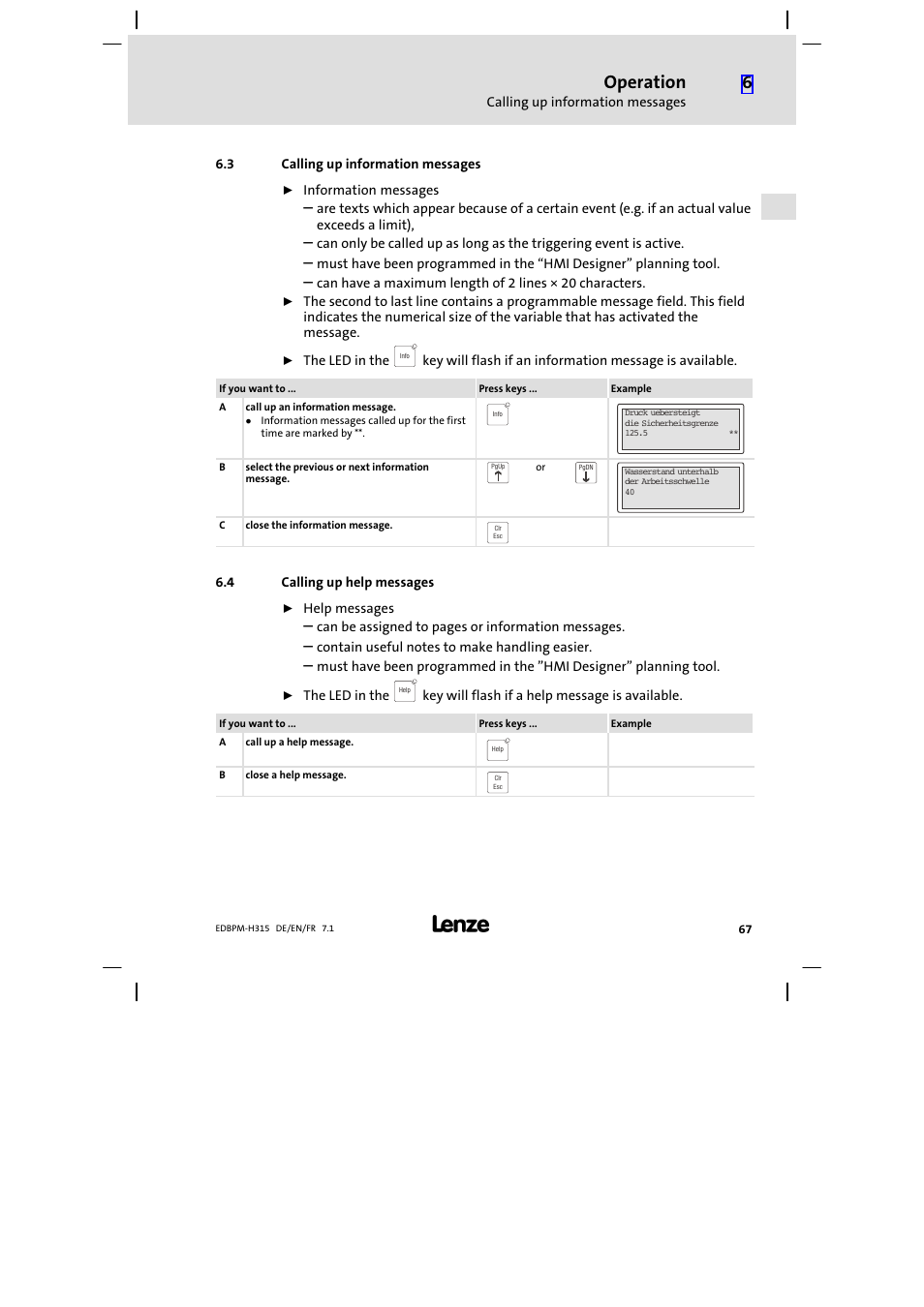 Calling up information messages, Calling up help messages, Operation | Lenze EPM−H315 User Manual | Page 67 / 108