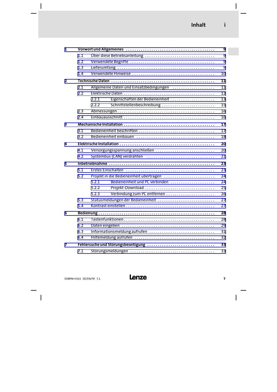 Inhalt, Inhalt i | Lenze EPM−H315 User Manual | Page 7 / 108