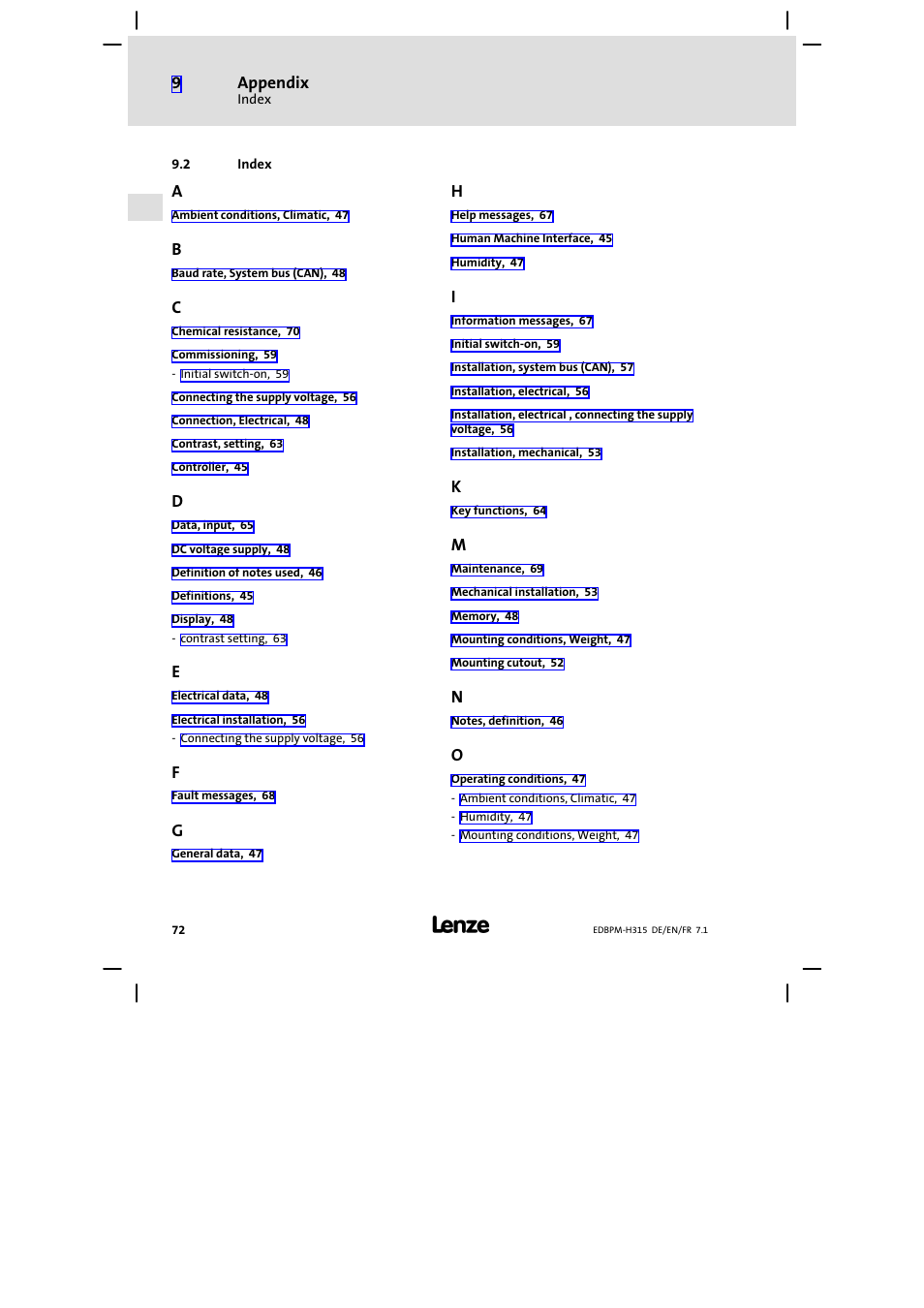 Index | Lenze EPM−H315 User Manual | Page 72 / 108