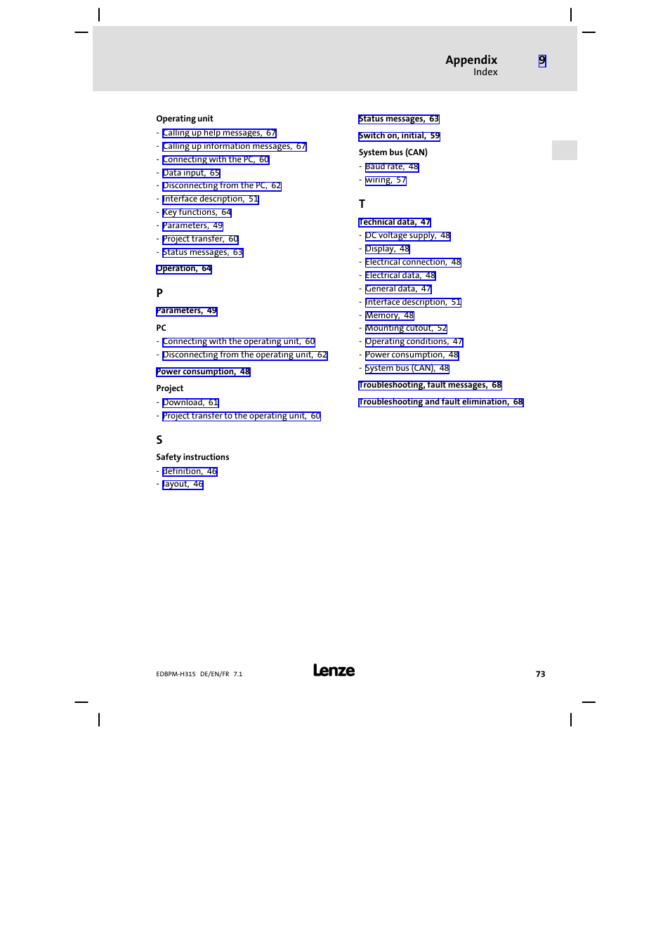 Appendix | Lenze EPM−H315 User Manual | Page 73 / 108