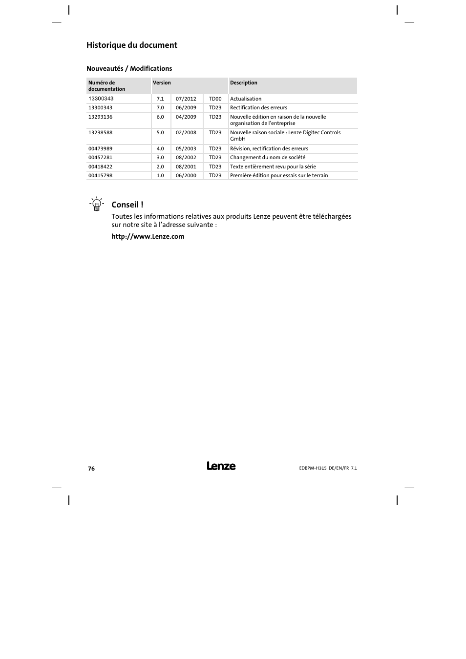 Historique du document, Conseil | Lenze EPM−H315 User Manual | Page 76 / 108