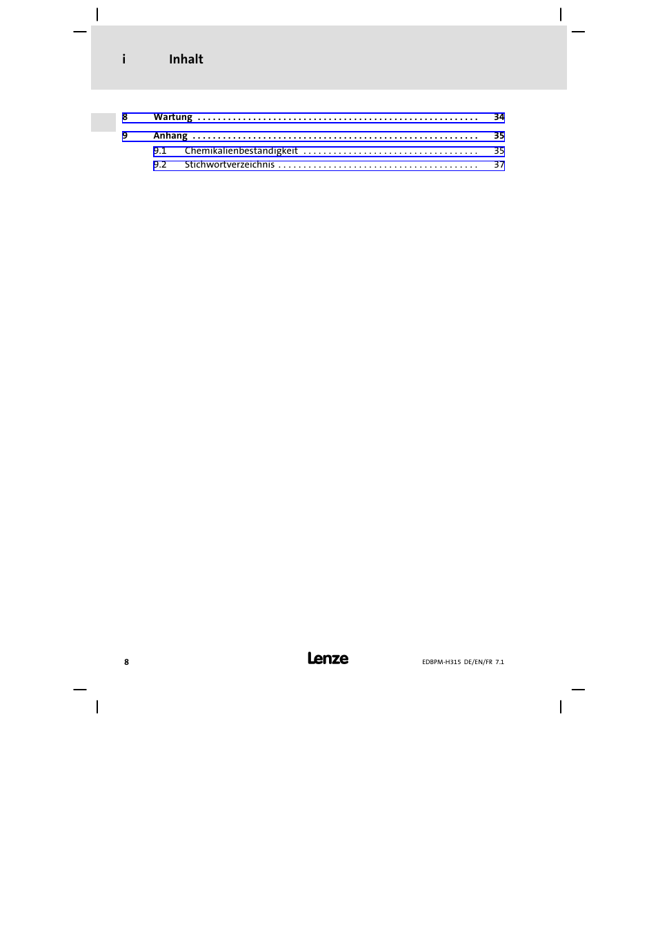 Inhalt i | Lenze EPM−H315 User Manual | Page 8 / 108