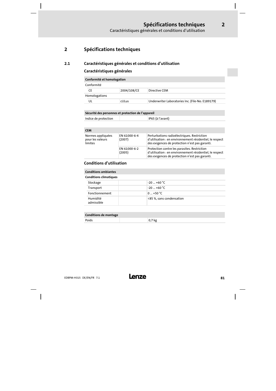 Spécifications techniques, 2spécifications techniques | Lenze EPM−H315 User Manual | Page 81 / 108