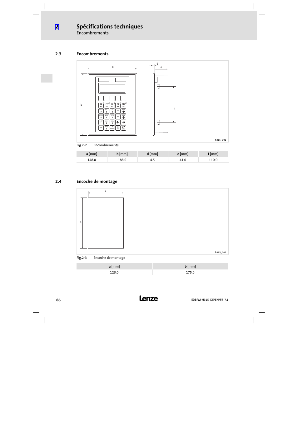 Encombrements, Encoche de montage, Spécifications techniques | 3 encombrements, 4 encoche de montage | Lenze EPM−H315 User Manual | Page 86 / 108
