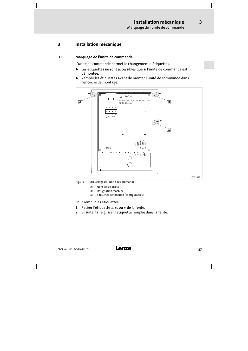 Installation mécanique, Marquage de l'unité de commande, Marquage de l’unité de commande | 3installation mécanique | Lenze EPM−H315 User Manual | Page 87 / 108