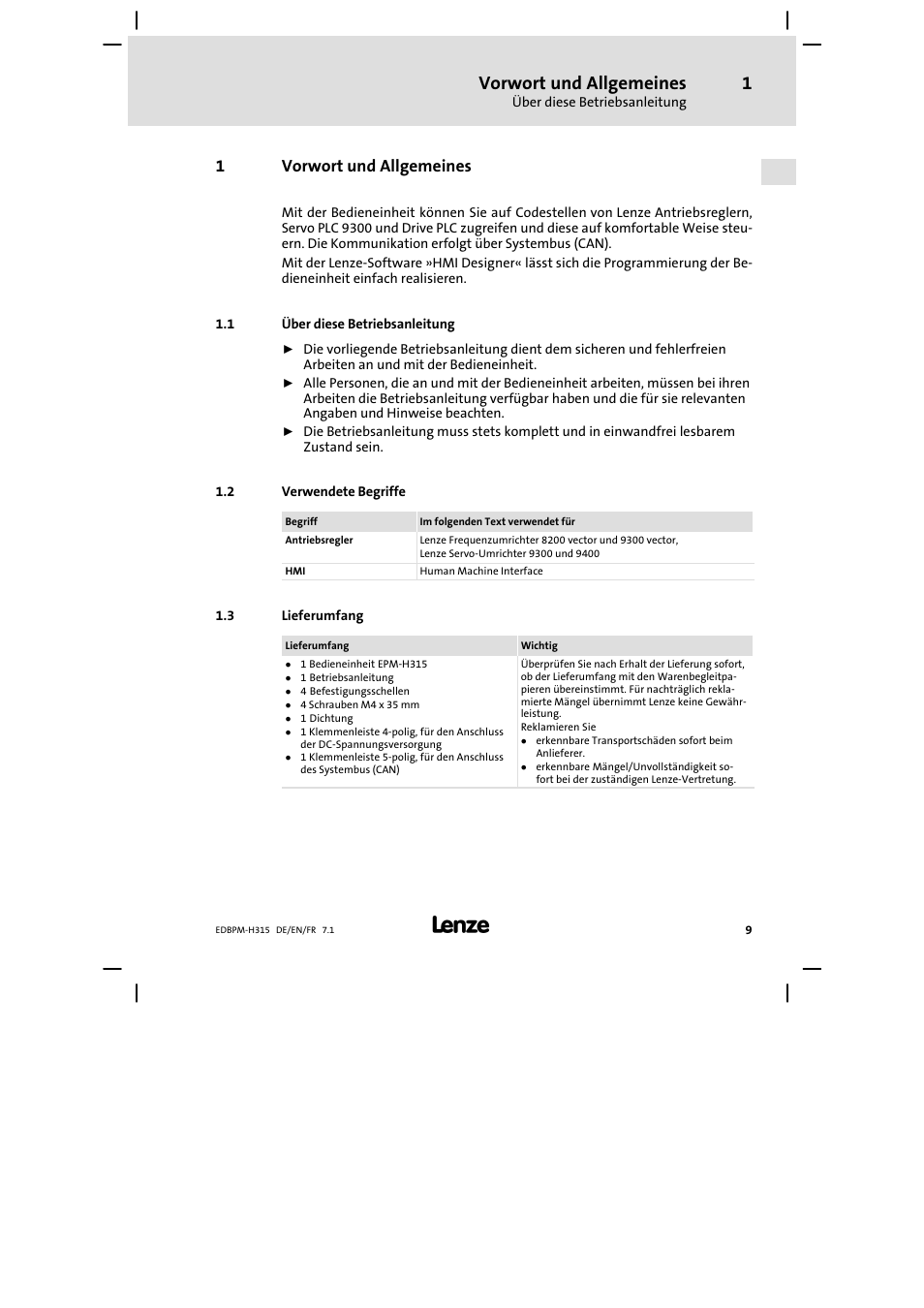 Vorwort und allgemeines, Über diese betriebsanleitung, Verwendete begriffe | Lieferumfang, 1vorwort und allgemeines | Lenze EPM−H315 User Manual | Page 9 / 108