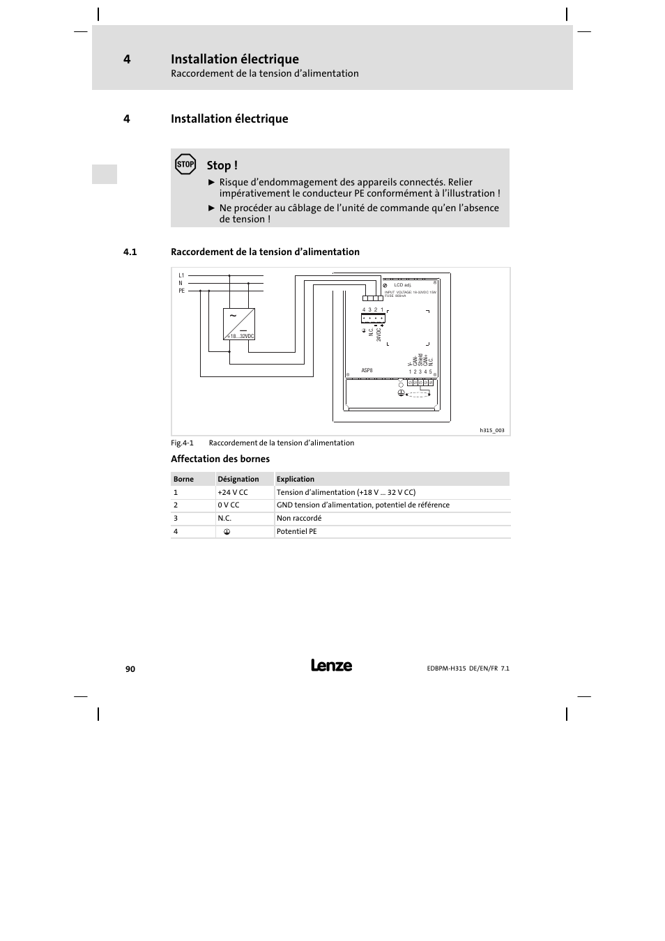 Installation électrique, Raccordement de la tension d'alimentation, Raccordement de la tension d’alimentation | 4installation électrique, Stop | Lenze EPM−H315 User Manual | Page 90 / 108