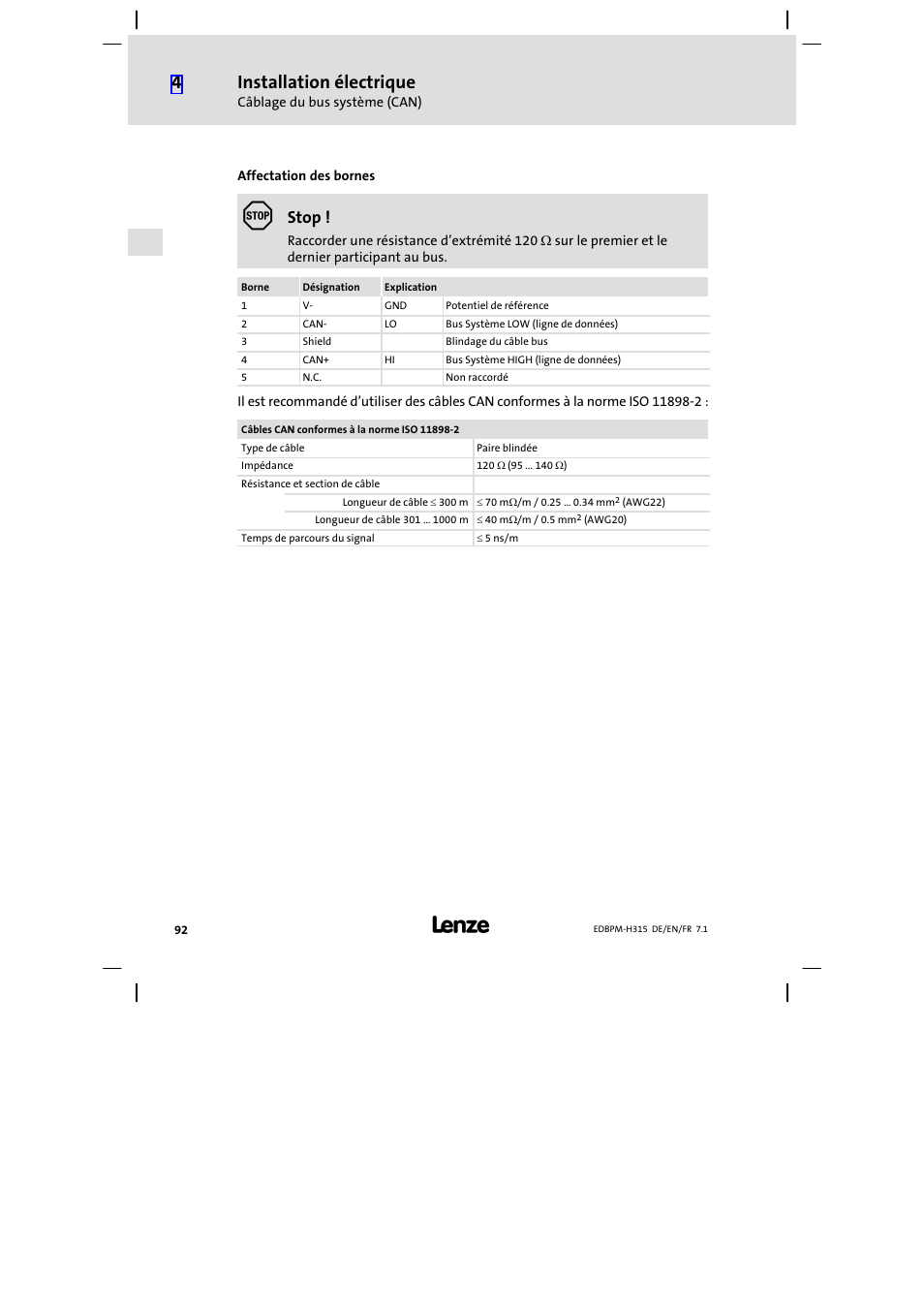 Installation électrique, Stop | Lenze EPM−H315 User Manual | Page 92 / 108