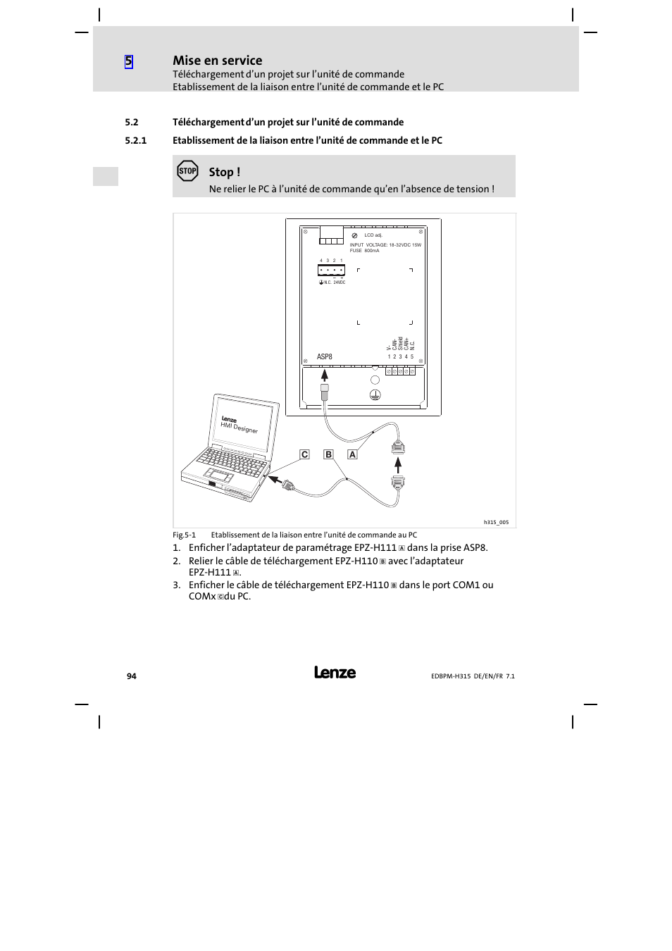 Téléchargement d'un projet sur l'unité de commande, Téléchargement d’un projet sur l’unité de commande, Mise en service | Stop | Lenze EPM−H315 User Manual | Page 94 / 108