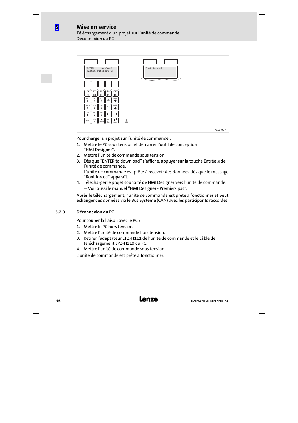 Déconnexion du pc, Mise en service | Lenze EPM−H315 User Manual | Page 96 / 108