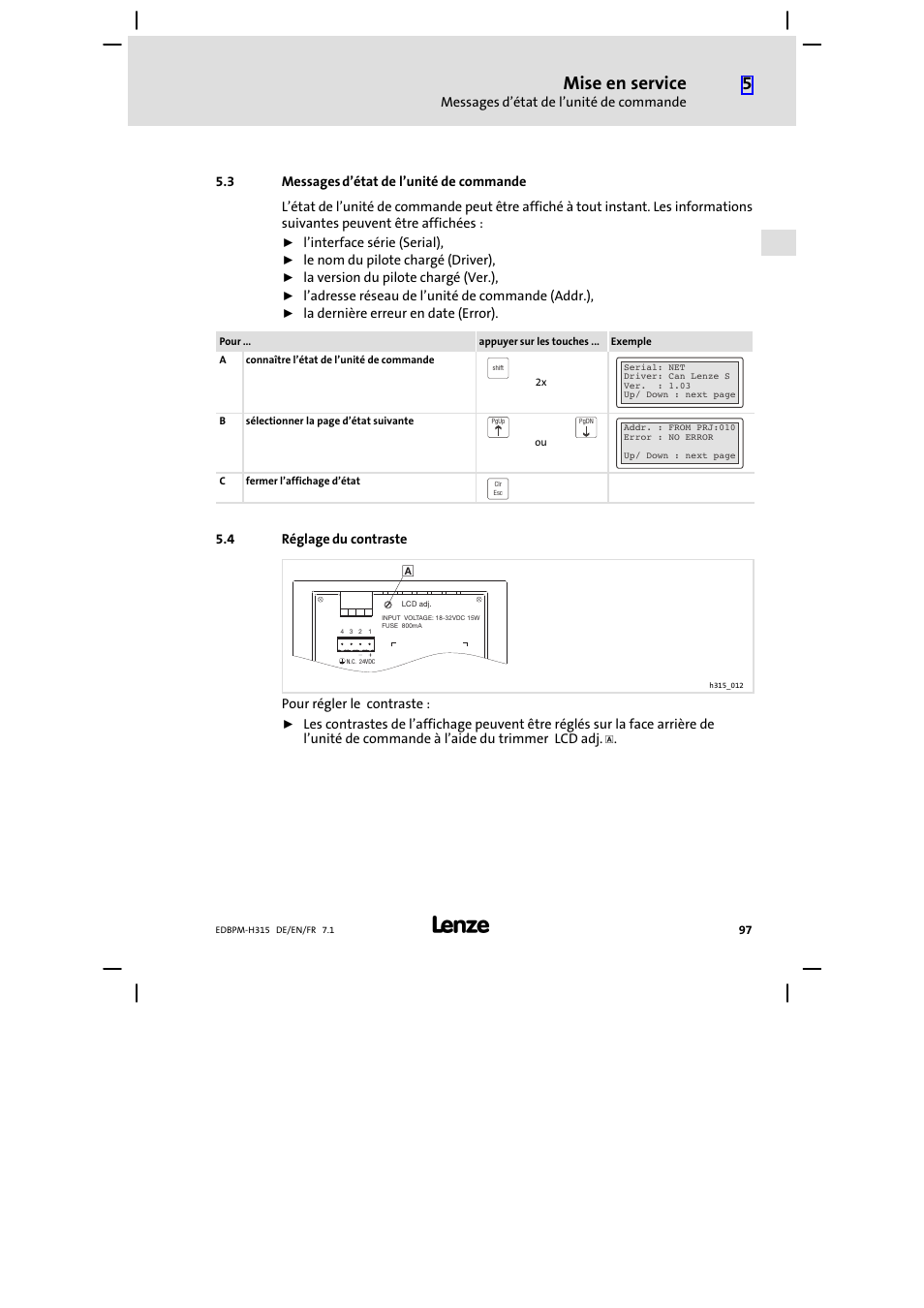 Messages d'état de l'unité de commande, Réglage du contraste, Messages d’état de l’unité de commande | Mise en service | Lenze EPM−H315 User Manual | Page 97 / 108