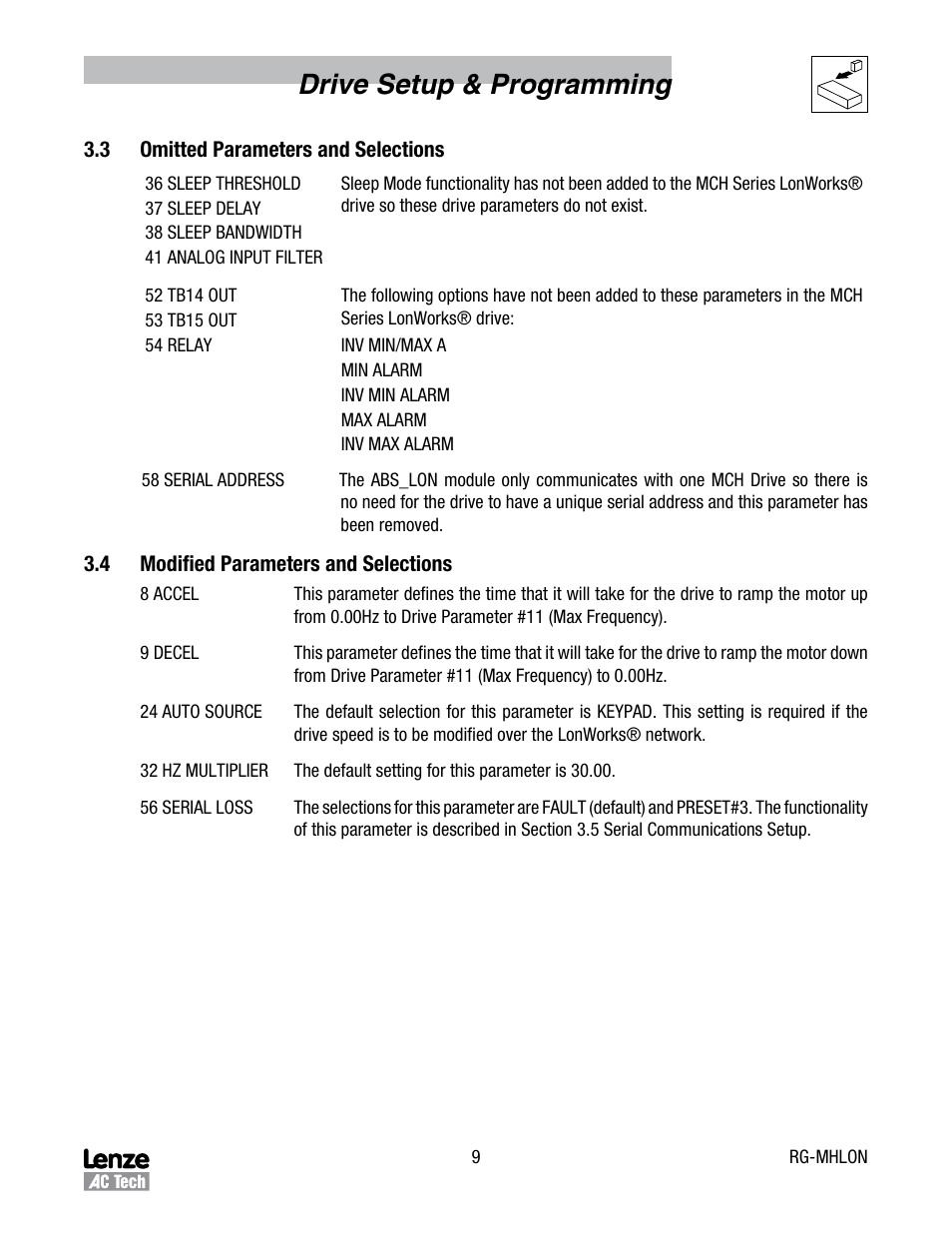 3 omitted parameters and selections, 4 modified parameters and selections, Omitted parameters and selections | Modified parameters and selections, Drive setup & programming | Lenze MCH Series Drives User Manual | Page 12 / 27