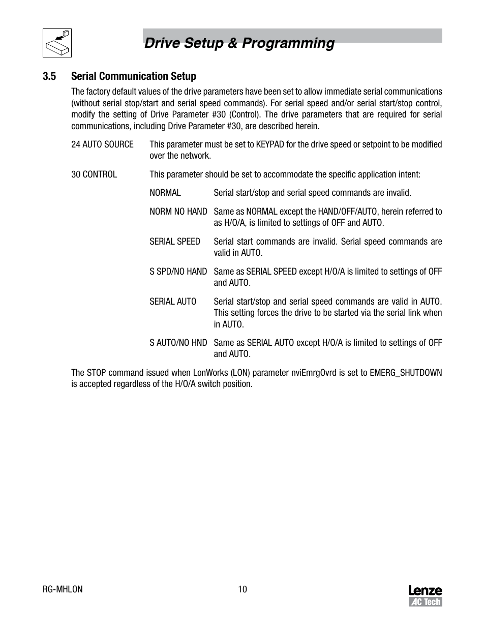5 serial communication setup, Serial communication setup, Drive setup & programming | Lenze MCH Series Drives User Manual | Page 13 / 27
