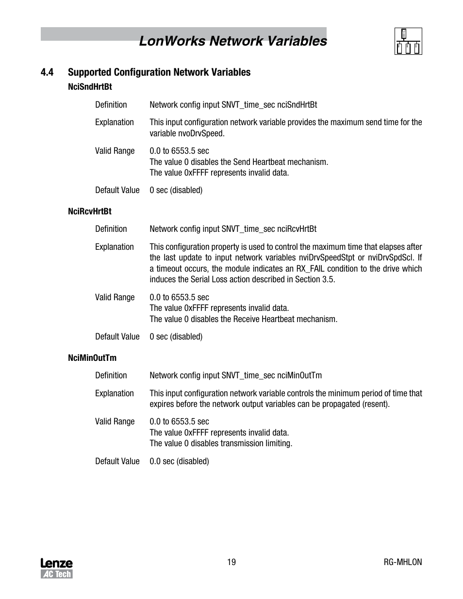 4 supported configuration network variables, Supported configuration network variables, Lonworks network variables | Lenze MCH Series Drives User Manual | Page 22 / 27